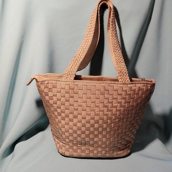 WOMANS SATCHEL HANDBAG WOVEN MATERIAL BIEGE - Picture 2 of 10